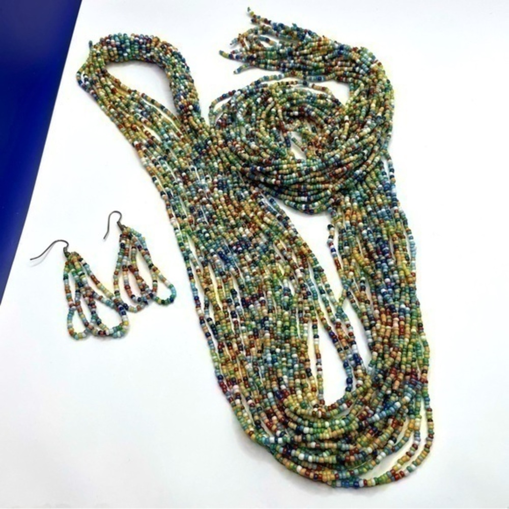 African Jewelry LOOONG Necklace Earrings Artisan Kenyan Set Rainbow Beaded RARE! - Picture 8 of 8